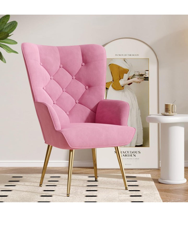 Mid Century Modern Accent Chair, Velvet Upholstered Armchair with Metal Legs, Tufted Button Wingback Side Chair, High Back Reading Chair for Living Room Bedroom