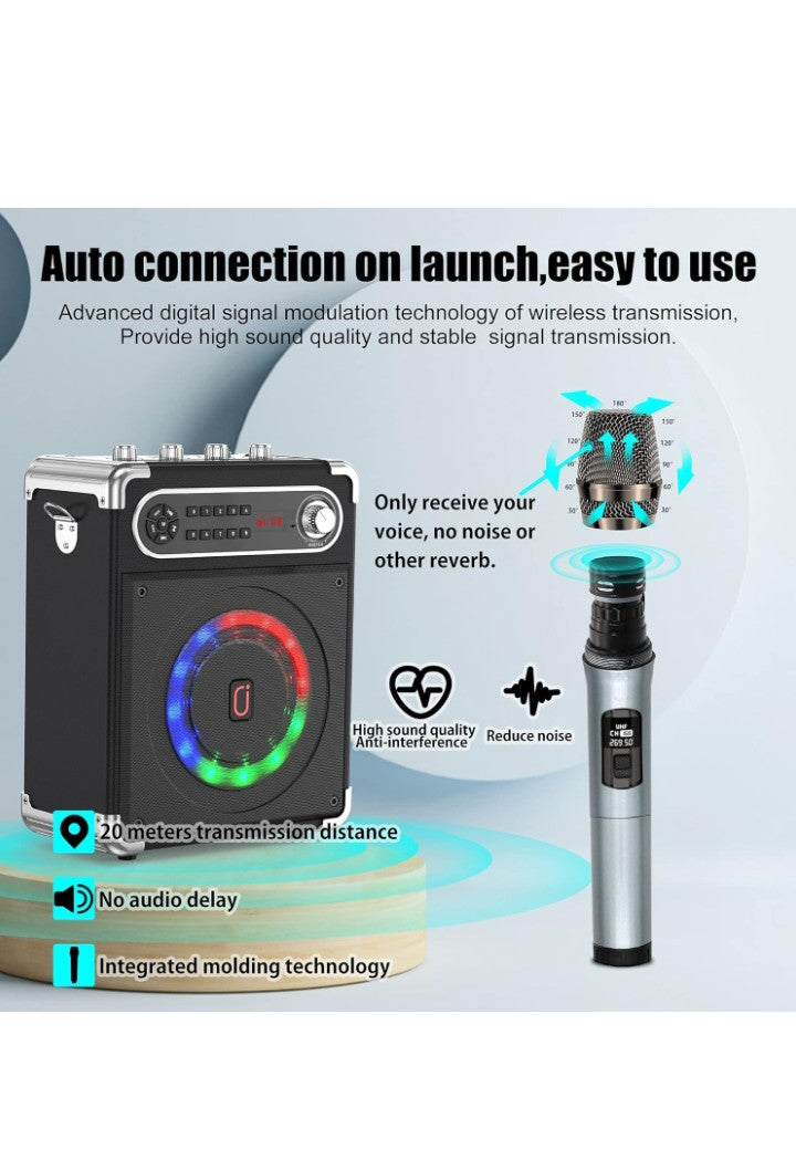 JYX Karaoke Machine with Two Wireless Microphones, Portable Bluetooth Speaker with Bass/Treble Adjustment, PA System with Remote Control, LED Lights,Supports TF Card/USB, AUX IN, FM, REC,TWS for Party
