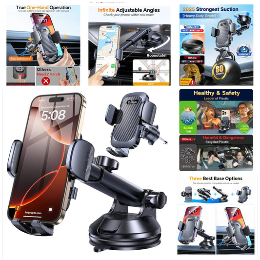Phone Holders for Your Car【Upgraded Strongest Suction】Car Phone Holder Mount Dash【360° Adjustable】Suction Cup phone Mount for Truck Stand Cell PHone Holder for Car mount Fit All iP Car Accessories