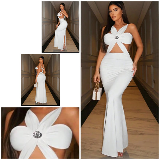 Rhinestones  Women's Solid Color Hollow Out Back With Strap Fashion Wedding Summer Dress COCOMONEY