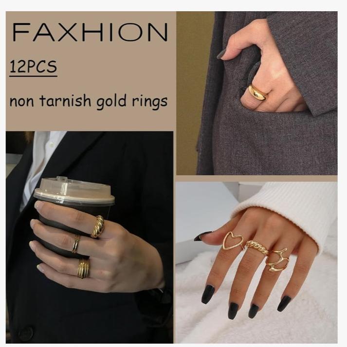 12PCS Gold plated Stackable Rings Set for Women, 18K Gold Plated Open Stacking Knuckle Ring, Adjustable Chunky Signet Rings for Gift
