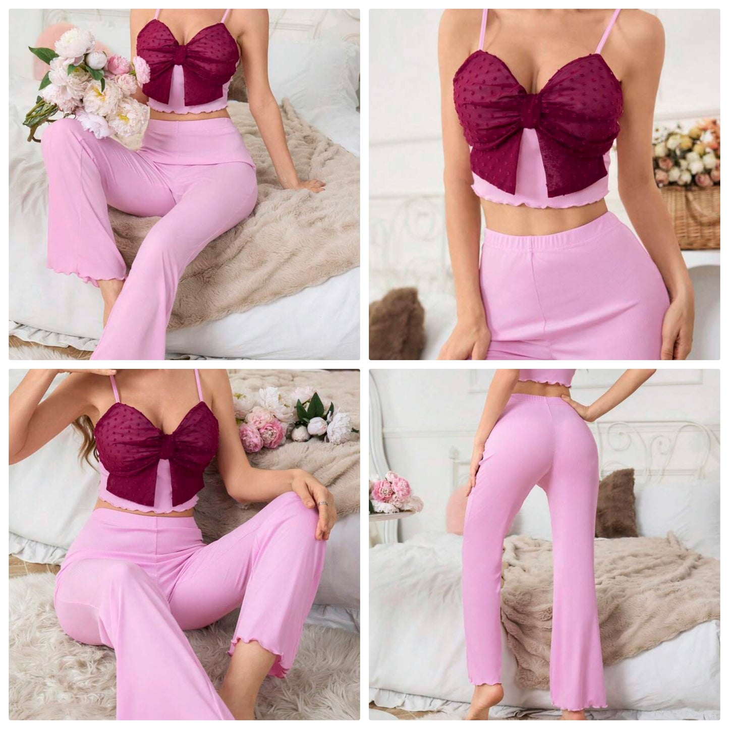 2pcs Women Contrast Color Sleeveless Casual Top And Long Pants Pajama Set