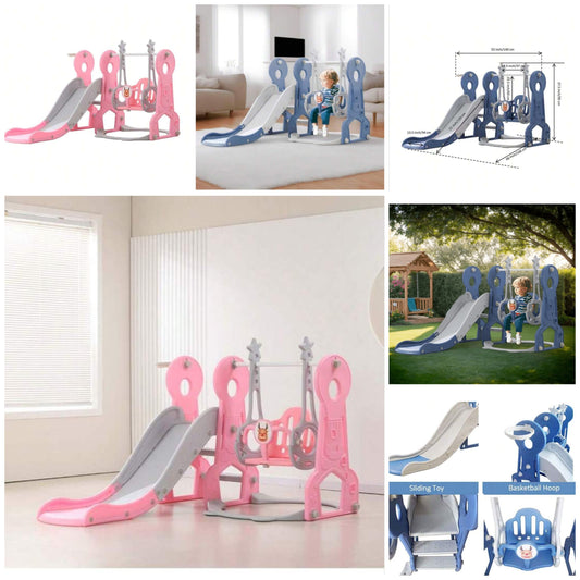 4 In 1 Kids Swing And Slide ,Indoor Outdoor Playground For Children Baby Swing Set With Slide, Basketball Hoop For Boys And Girls