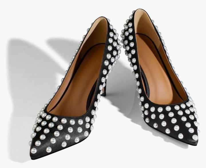 Sexy Stiletto High Heel Pumps Chic Pearl Studded Slip-on Shoes Satin Pointed Toe Fashion Dress