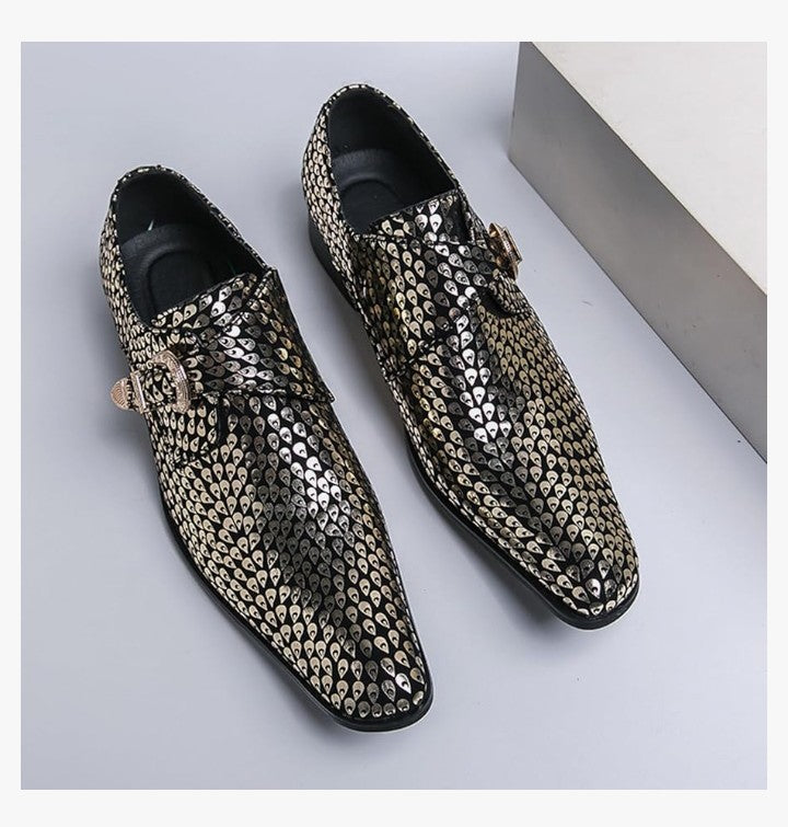 Men'S Sparkling Printed Buckle Chelsea Boots Stylish Pointed Toe Slip-On Low Top Ballroom Party