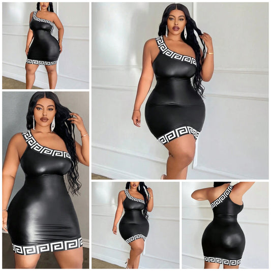 Plus Elegant One Shoulder Black Knit Bodycon Dress With Geometric Pattern For Women,Elastic Leather COCOMONEY