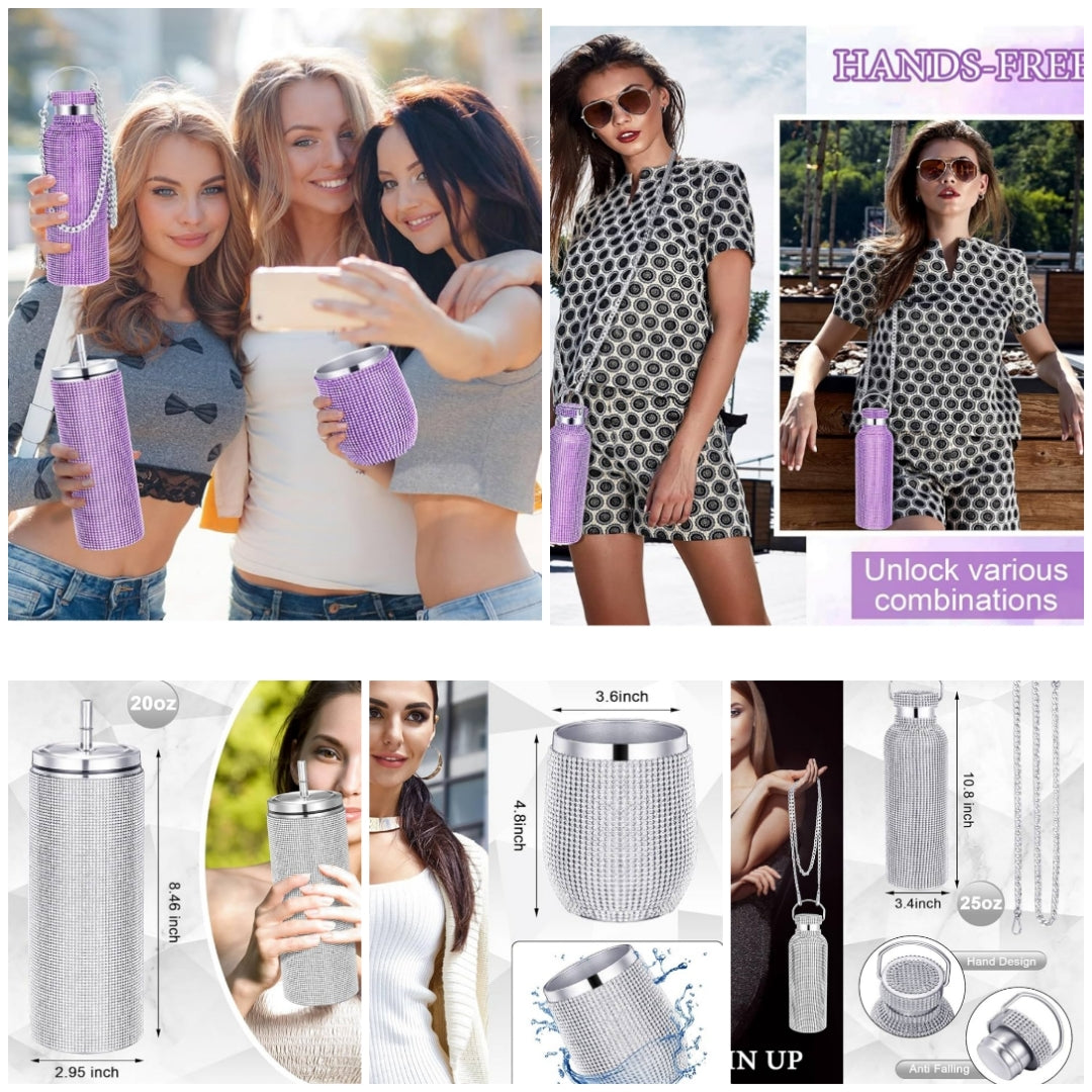3 Pcs Bling Water Bottle Rhinestone Stainless Steel Bling Cup Stemless Glitter Tumbler Insulated Rhinestone Tumbler with Chain, Lid and Straw for Women Coffee Martini Wine Cups Mug
