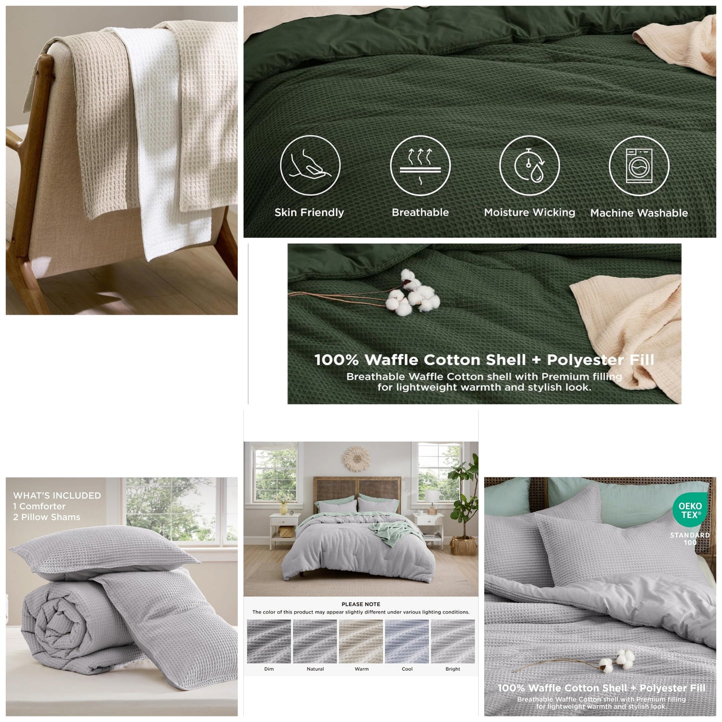 100% Cotton 3pc Waffle Weave Bed Set, 3 Pieces, 1 Comforter and 2 Pillow Shams, Premium Cotton Cover with Polyester Fill for All Seasons