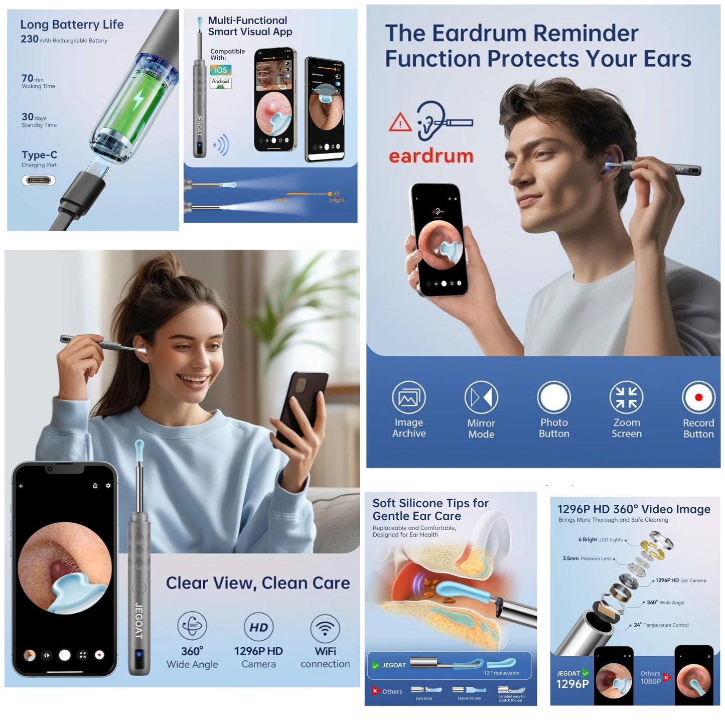 Ear Wax Removal Tool Camera, Ear Cleaner with Camera, Ear Cleaning Kit 1296P HD Ear Scope, 6 LED Lights and 12 Ear Picks, Earwax Removal with Otoscope to Earify Earwax for iOS and Android