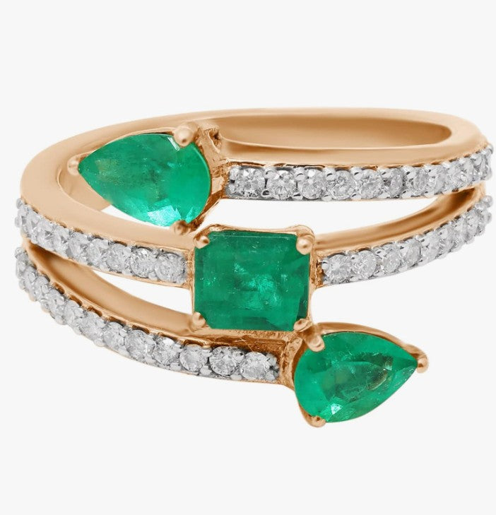 COCOMONEY Green Emerald Diamond Bypass Ring 18k Gold Handmade Vintage Ring Art Deco Women Rings For Her May Stone Jewelry Mother Gold Jewelry Ring