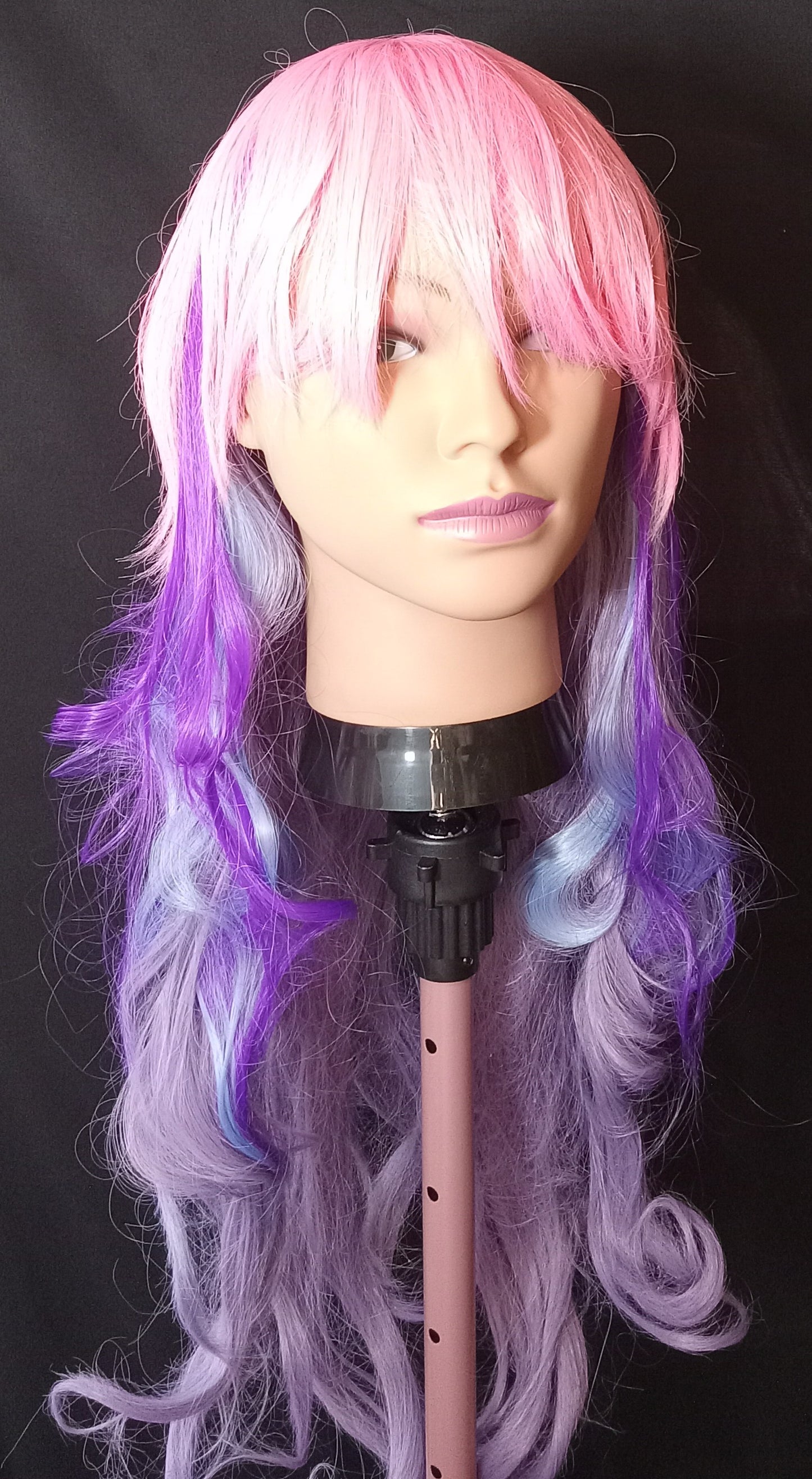 COCOMONEY WIG LONG PURPLE AND PINK WAVY CURLY SYNTHETIC