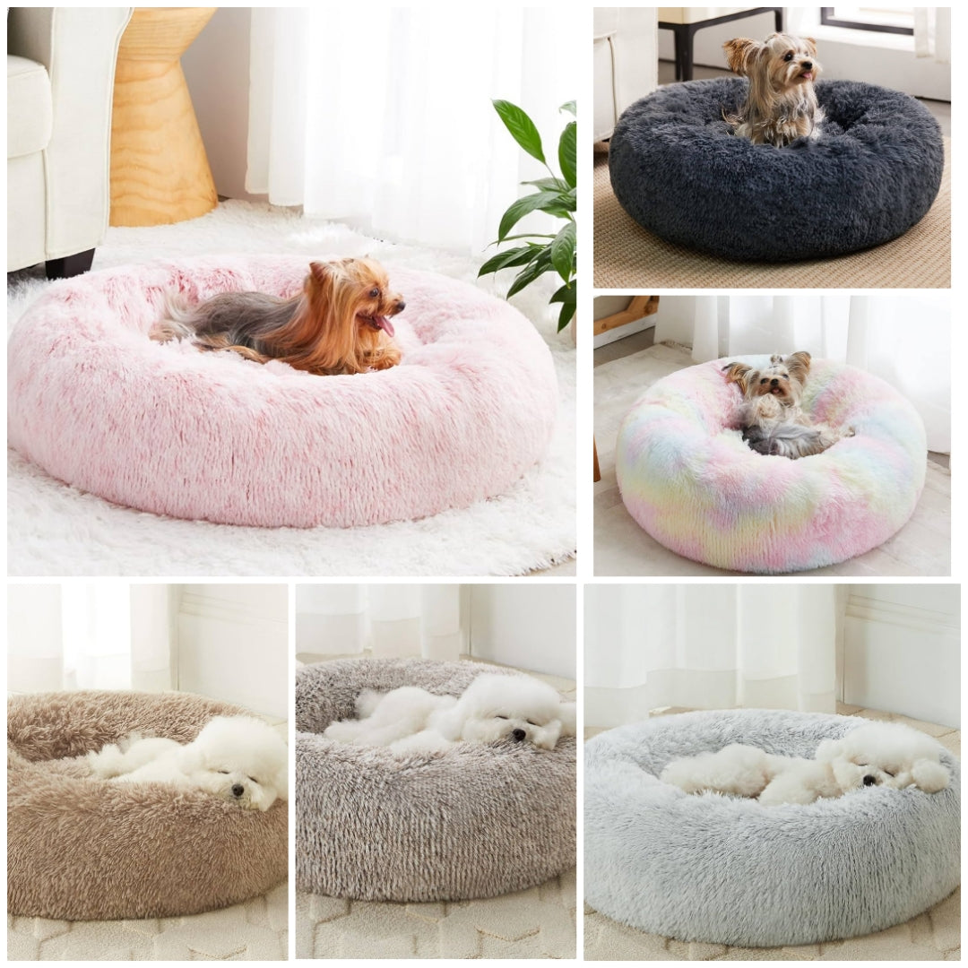 Calming Dog Cat Bed Donut, Faux Fur Pet Bed Self-Warming Donut Cuddler, Comfortable Round Plush Dog Beds