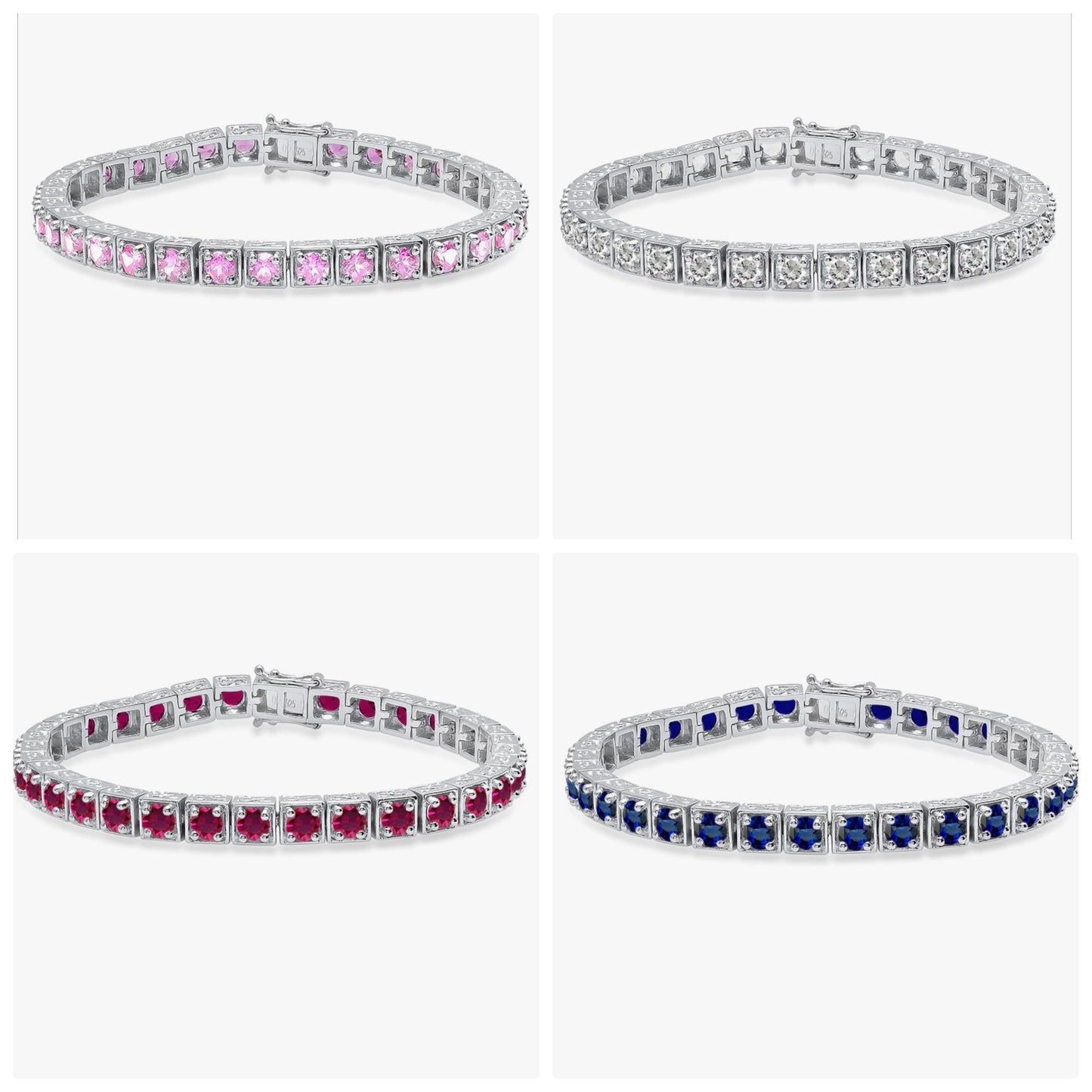 4mm Each Round Lab Created Gemstone Square Framed Tennis Bracelet for Women in 925 Sterling Silver