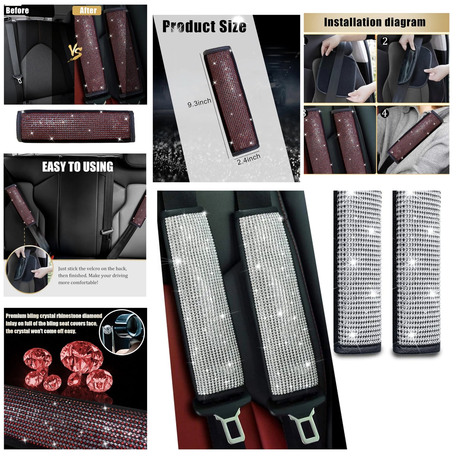 2-Pack Bling Seat Belt Covers,Bling Seat Belt Covers for Womens,Car Seat Belt Strap Cover Shoulder Pad,Universal Car Interior Accessories Fit for Car/Truck/SUV(,2PC)
