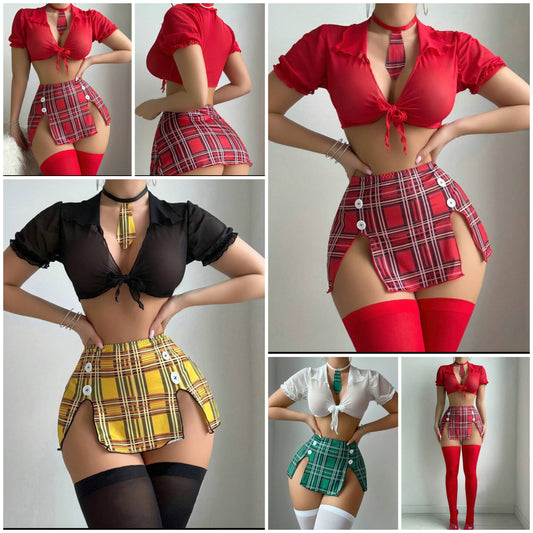 6 Pcs Set: Sexy Lace-Up Top + G-String + High Slit Mini Skirt + 2 Pcs Stockings + Choker, Christmas College Style
