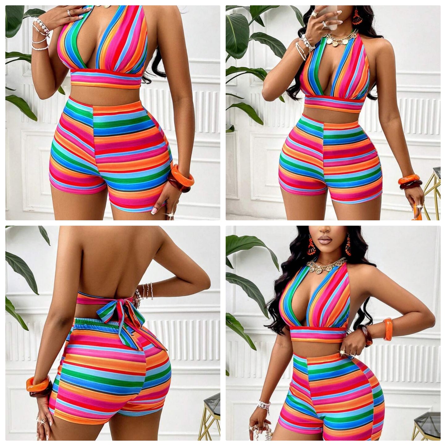 Colorful Striped Tie-Back Halter Top & Shorts Set For Boho Beach Vacation (Random Floral) COCOMONEY
