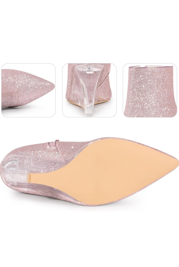Clear Heels Boots Sequin Pointed Toe Glitter Wedge Heels Ankle Boots for Women