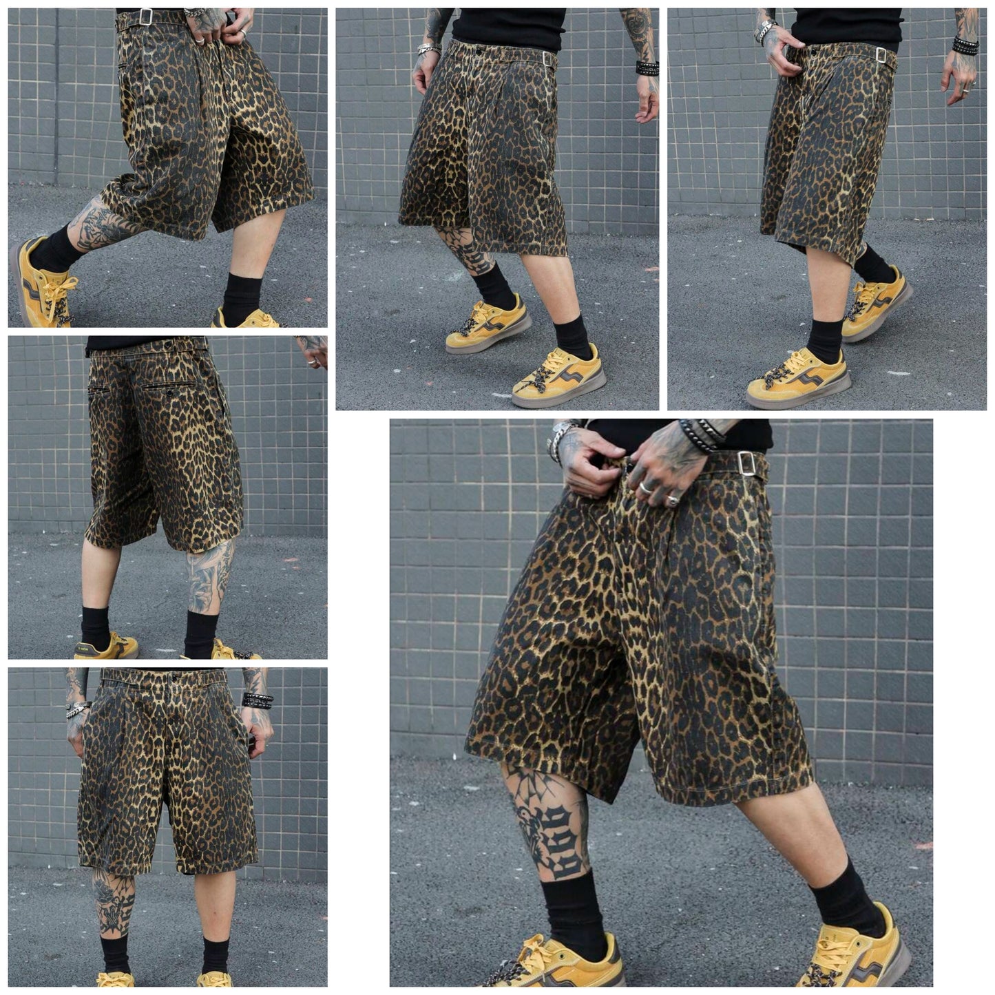 Men's Leopard Print Wide Leg Casual Denim Shorts COCOMONEY