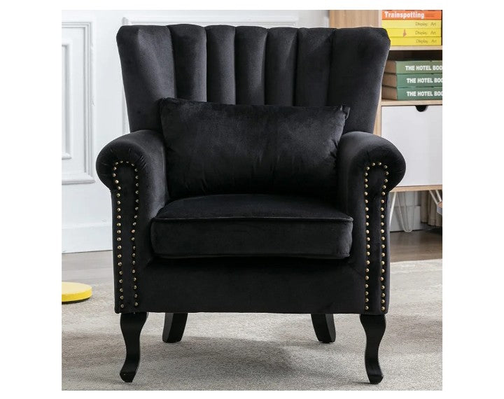 Mid Century Modern Accent Chair Upholstered Armchair Comfy Velvet Fabric Single Sofa with Lined Wingback for Small Spaces Bedroom Living Room, Velvet Black, 30.1D x 30.5W x 35H in