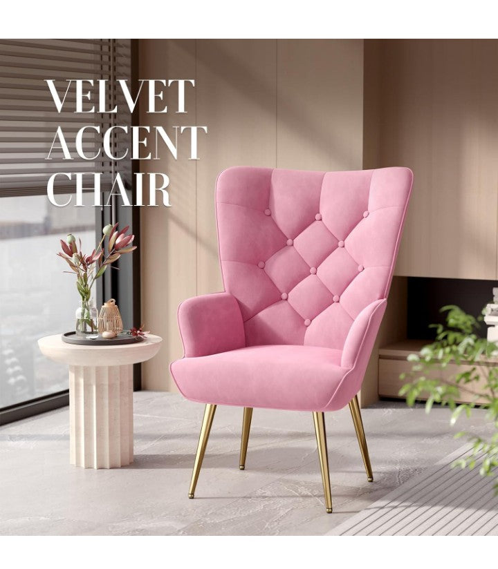 Mid Century Modern Accent Chair, Velvet Upholstered Armchair with Metal Legs, Tufted Button Wingback Side Chair, High Back Reading Chair for Living Room Bedroom