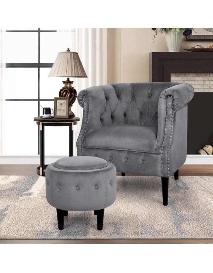Mid-Century Accent Chair with Storage Ottoman, Modern Velvet Armchair Button Tufted Rivet Barrel Chair, Comfy Single Sofa Chair Ottoman Set for Living Room Bedroom Reading Room
