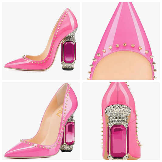 Pointed Toe Chunky Block High Heel Crystal Pumps Slip on Wedding Thick Comfort Luxury