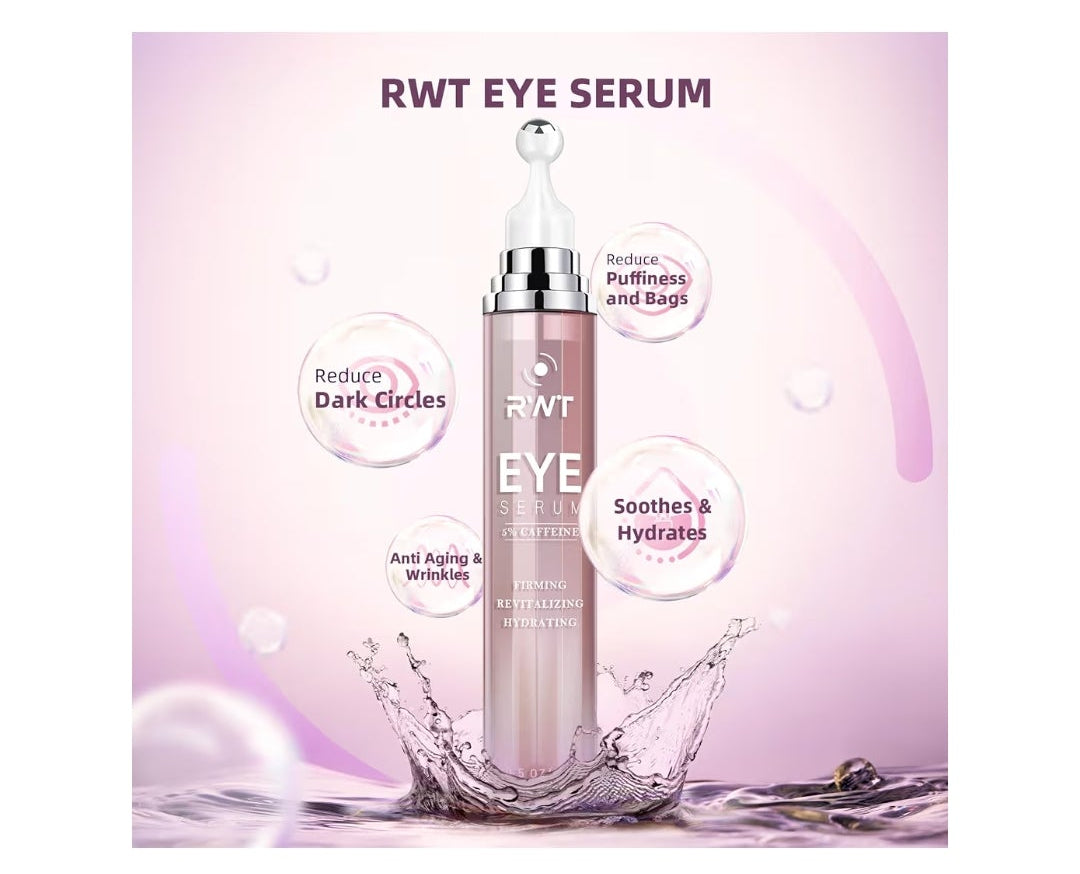 5% Caffeine Eye Cream & Under Eye Serum for Dark Circles and Puffiness, 360° Massage Roller Ball Eyes Treatment Seru