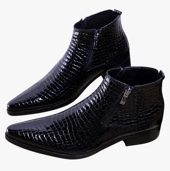 Men's Ankle Patent Leather Fashion Plaid Zipper Pointed Toe Casual Boots
