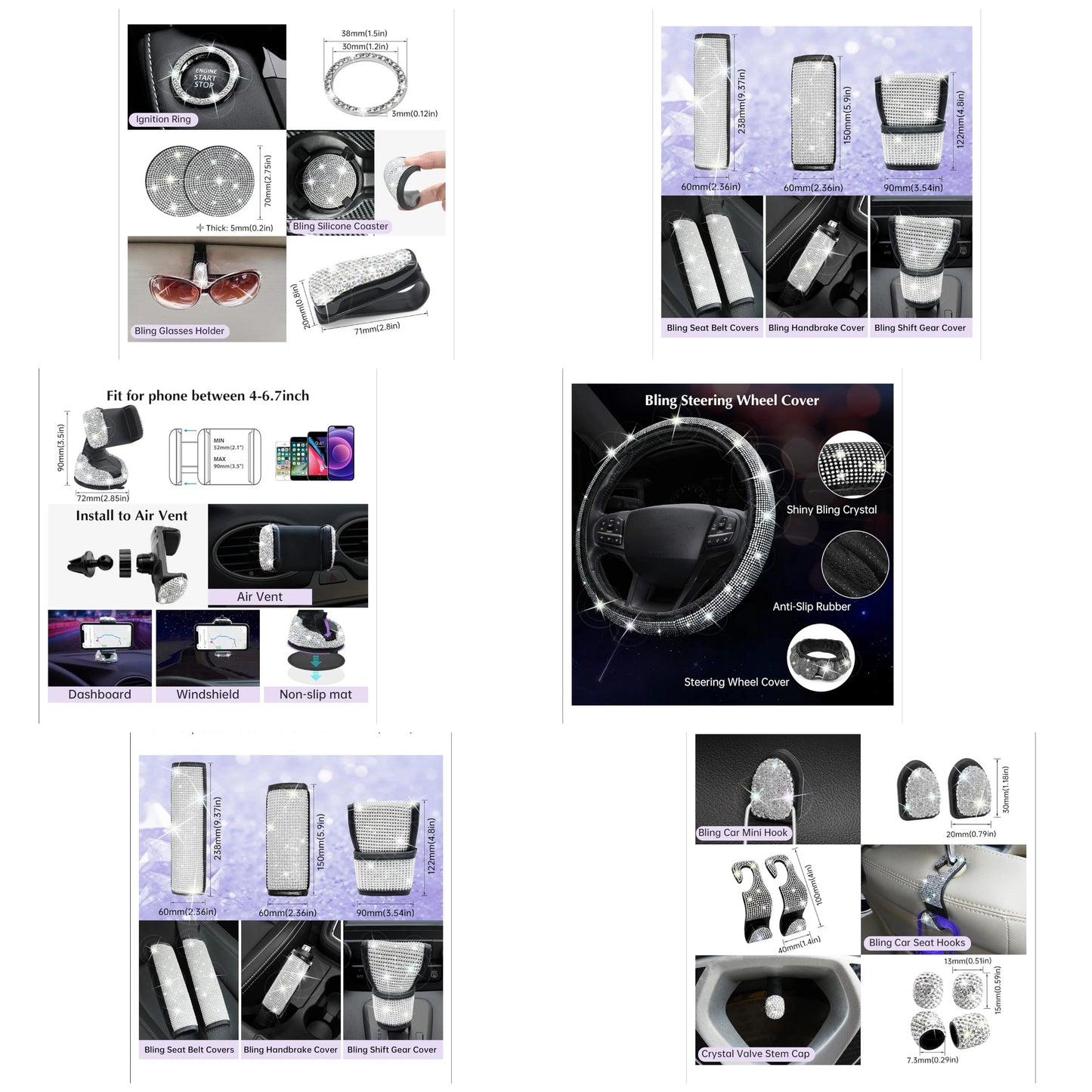 19 Pack Bling Car Accessories for Women Steering Wheel Seat Belt Covers Gear Shift Cover Phone Holder Cup Coasters Cute AUTO Accessories Kit
