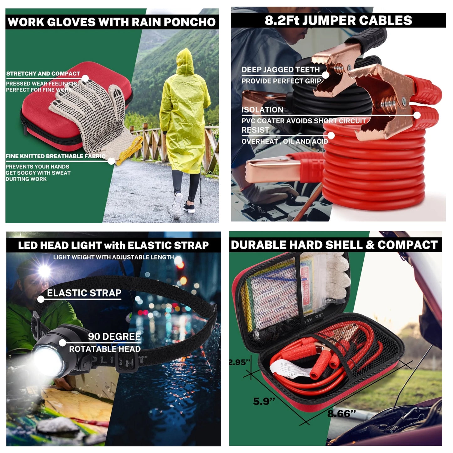 Car Roadside Emergency Kit with Battery Jumper Cables,Car Accessories for Men or Women,Automotive Safety Kit for Car,Vehicle, Truck or SUV,Gifts