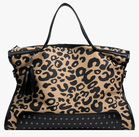 Oversized Leopard Purse,Women Studded Tote Handbags Animal Printing Punk Large Shoulder Bags Hobo Tassel Rocker Rivet