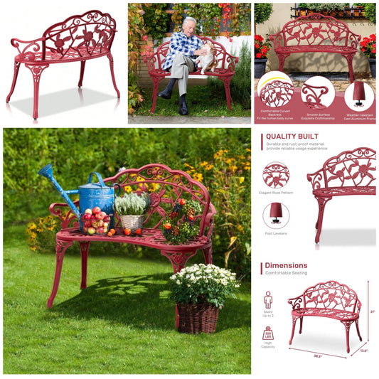 Outdoor Cast Aluminum Patio Bench, Porch Bench Chair With Curved Legs Rose Pattern, Red