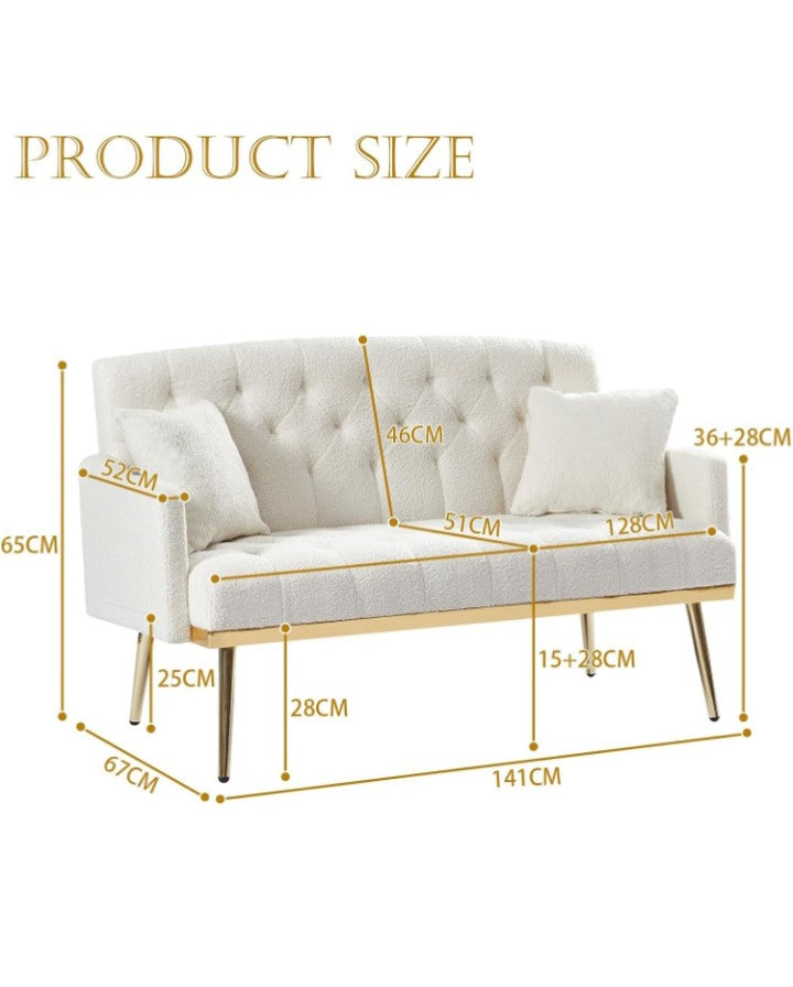 Upholstered Loveseat Sofa, Modern Small Sofa Couch with Side Pocket and Golden Metal Legs, Tufted Leisure Sofa for Living Room, Bedroom, Office, Cream White Teddy