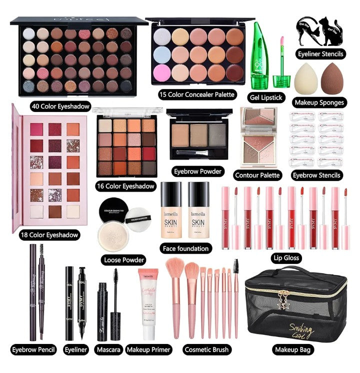 All in One Makeup Kit Full Kit, Make Up Gift Set Makeup Essential Bundle Includes Foundation Face Primer Eyeshadow Contour Palette Lipstick Eyeliner Mascara Cosmetic Brush Set