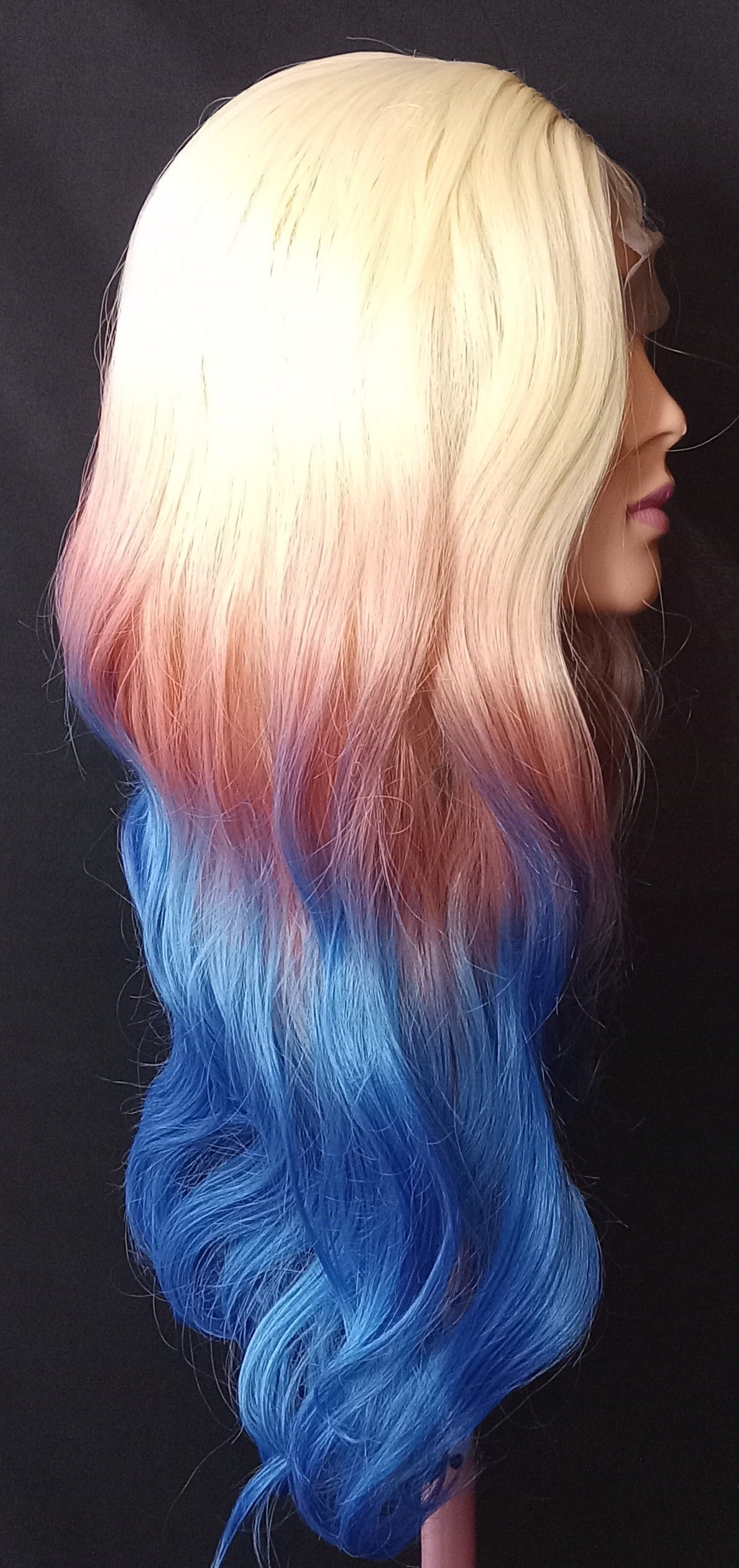 COCOMONEY WIG BLONDE BLUE PINK LONG WAVY SYNTHETIC