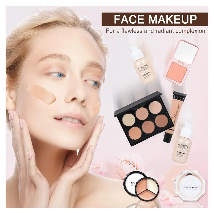 All in One Makeup Kit Full Kit Multipurpose Makeup ,eyeshadow、 liquid foundation,Loose powder,Eyebrow pencil,4-color lip gloss set