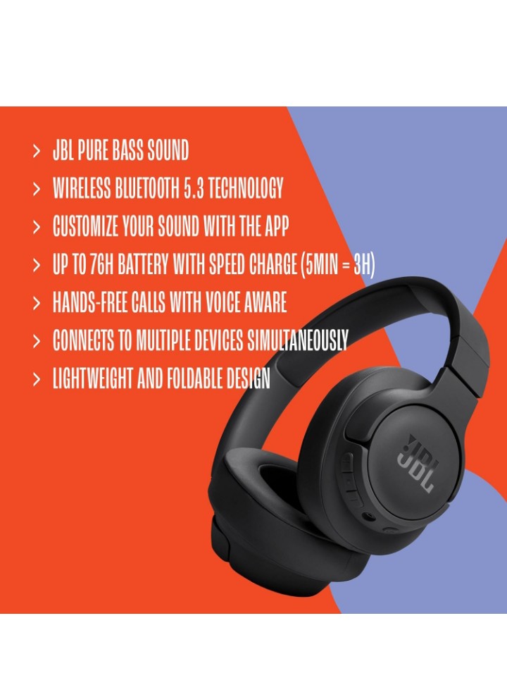 Tune 720BT - Wireless Over-Ear Headphones with JBL Pure Bass Sound, Bluetooth 5.3, Up to 76H Battery Life and Speed Charge, Lightweight, Comfortable and Foldable Design (Black)
