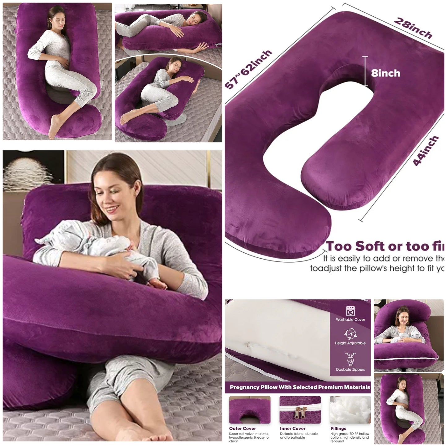 Pregnancy Must Haves Pregnancy Pillow U-Shaped Full Body Maternity Support Pillow for Pregnant Women with Replaceable and Washable Velvet Cover Size 57"