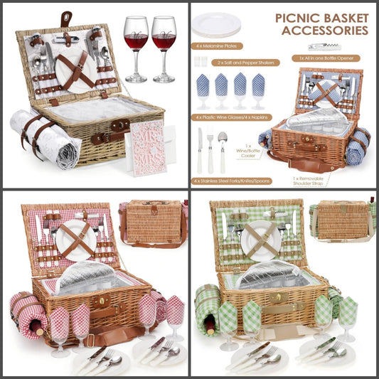 Picnic Basket for 2, Bridal Shower Gift Wedding Gifts with Mr Mrs Wine Glasses and Greeting Card, Engagement Newly Weeding Gifts for Couples 2025, Wicker Picnic Set Kit with Blanket Cooler for Beach
