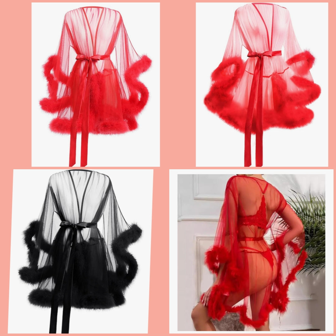 Sexy Tulle Feather Robe Sheer Mesh Fur Illusion Robe Nightgown Bridal Lingeries Gift Women Feather Trim Cocomoney