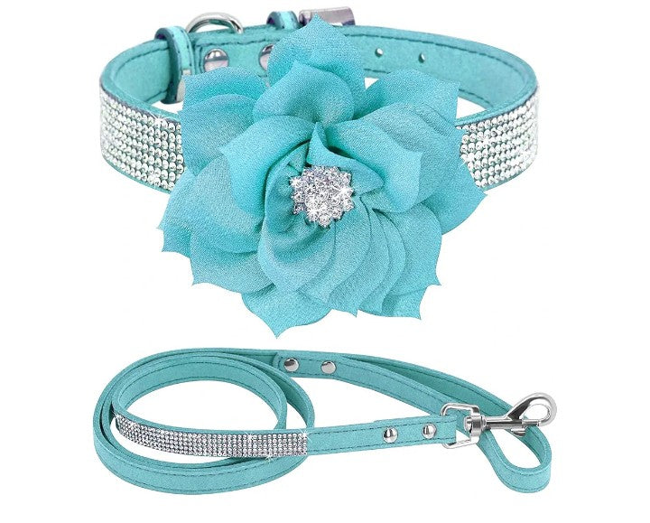 Rhinestone Bling Leather Dog Collar and Leash Set, Cute Dazzling Sparkling Soft Velvet Dog Cat Collar Crystal