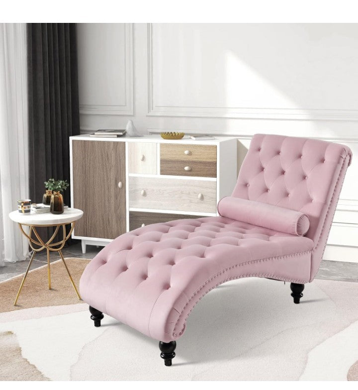Velvet Chaise Lounge Indoor with Toss Pillow, Modern Pink Chaise Lounge Chair, Upholstered Armless Velvet Chairs with Tufted Buttons and Nail Heads for Living Room, Bedroom Furniture
