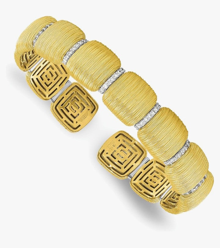 COCOMONEY 0.40 Ct Diamond 18k Yellow Gold 14mm Textured Satin Finish Fancy Style Cuff Bangle Bracelet