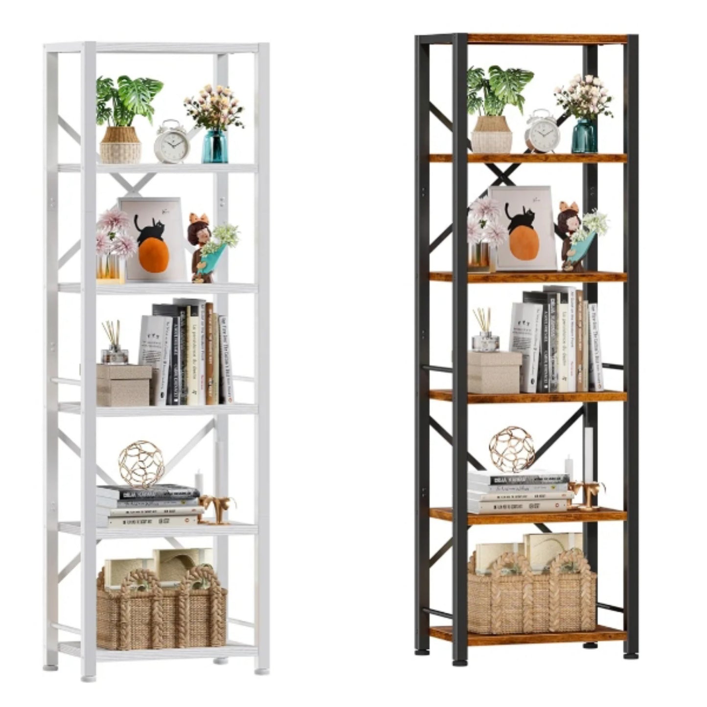 Tall Bookshelf, Narrow Bookcase with 6 Shelves, Modern Freestanding Shelf Units, Metal and Wood Display Storage Corner Rack Organizer for Living Room, Home Office, Hallway, Bathroom