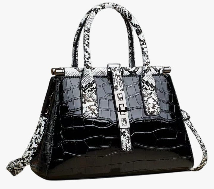 Women Patent Faux Leather Satchel Handbag Crocodile Tote Purse Snakeskin Handle Shoulder Bag,Gift