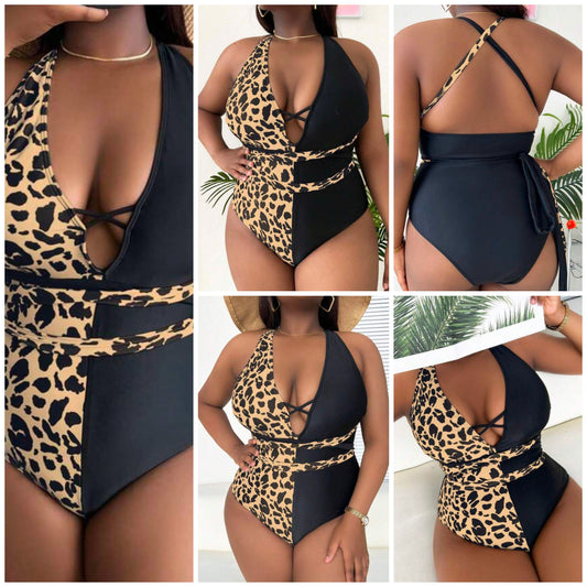 Plus Leopard Print Crisscross Knot Plunging Neck One Piece Swimsuit COCOMONEY