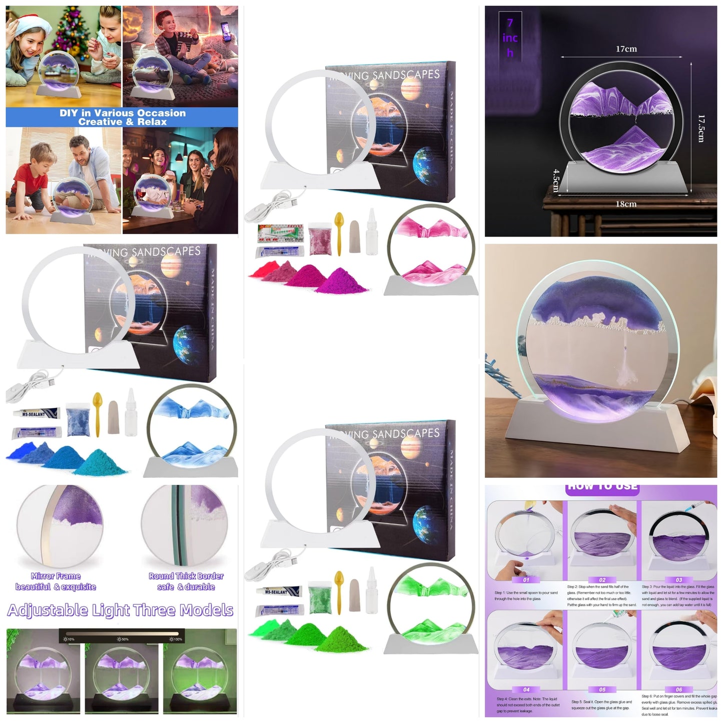 Moving Sand Art Picture in Motion DIY Kit, Round Glass 3D Deep Sea Sandscapes with Display Flowing Sand Frame for Relaxing Desktop Home Office Work Décor, Making kit for kids adults(Purple,7inch)