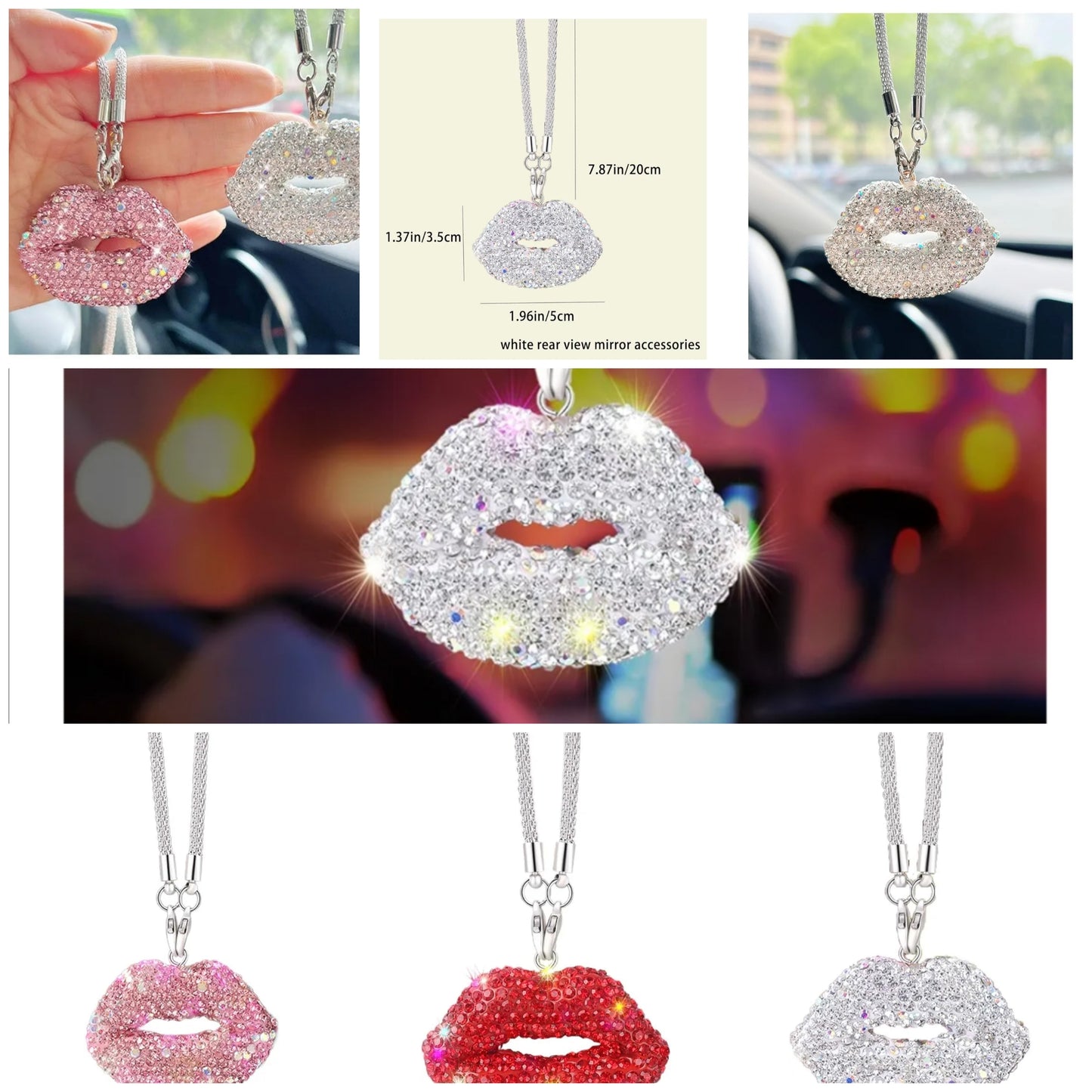 Bling Lip Diamond Car Accessories for Women, Crystal Car Rear View Mirror Charms Car Decor Valentine's Gifts Lucky Hanging Interior Ornament Pendant