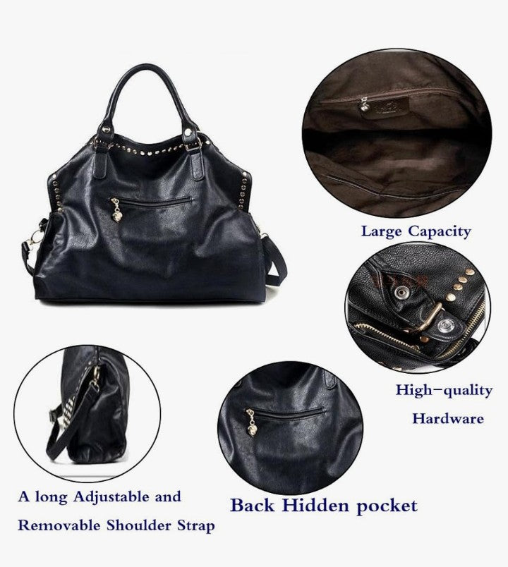 Handbag Purse Middle Size Top Handle Shoulder Crossbody Bag Gold Rivet Satchel Tote Black