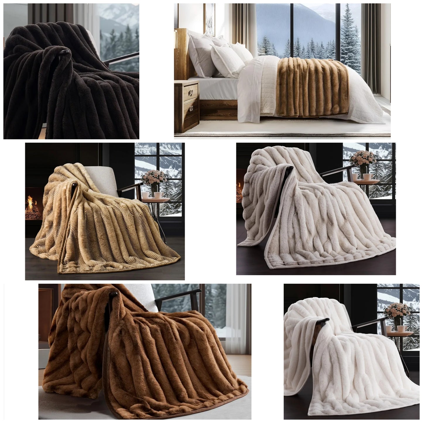Soft Luxury Faux Rabbit Fur Throw Blanket for Couch, Cozy Fluffy Channel Throw Blanket for Bed, Fuzzy Warm Thick Mink Blanket with Reversible Velvet